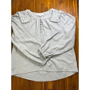 LOFT Blouse Womens Large Grey Crochet Lace Ruffle Peasant Top